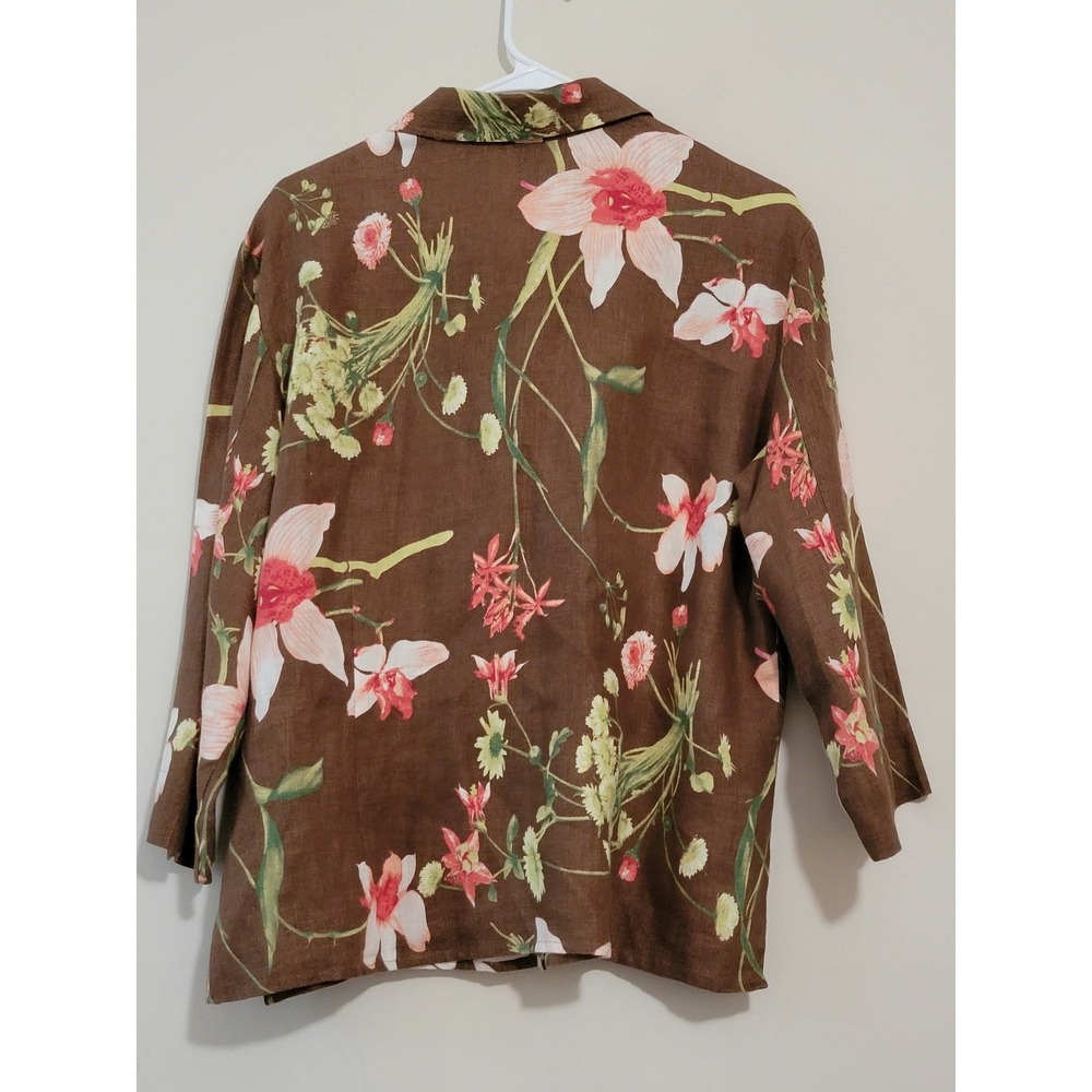 Cali Cali Linen Blend Brown Floral Print Button Up Shirt Top Women's Small - Picture 2 of 12